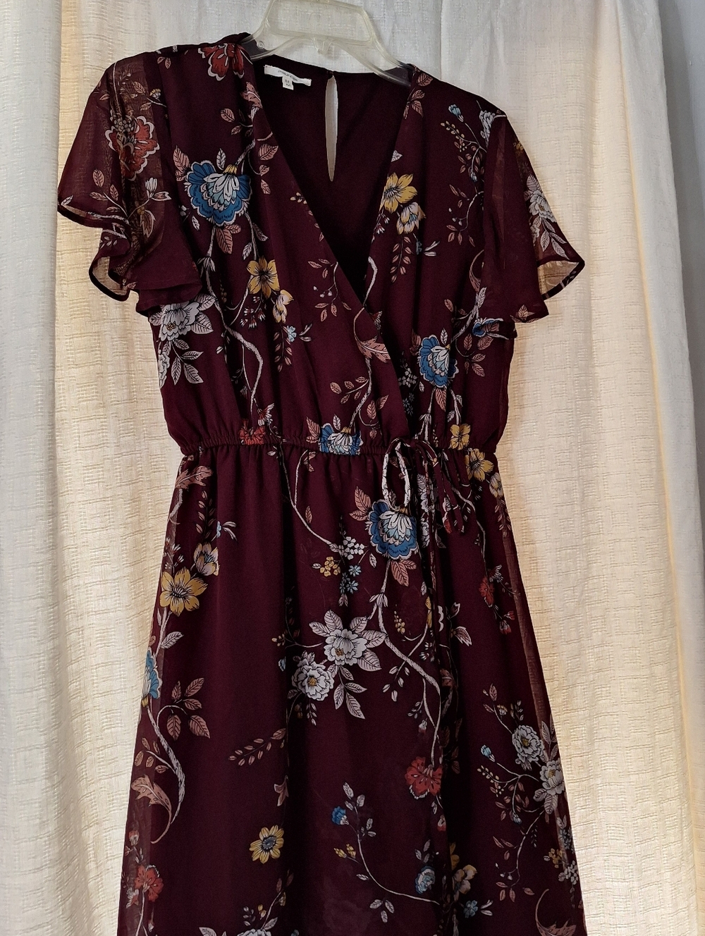 Maurices Burgundy Floral Midi Dress with Blue & Yellow Accents